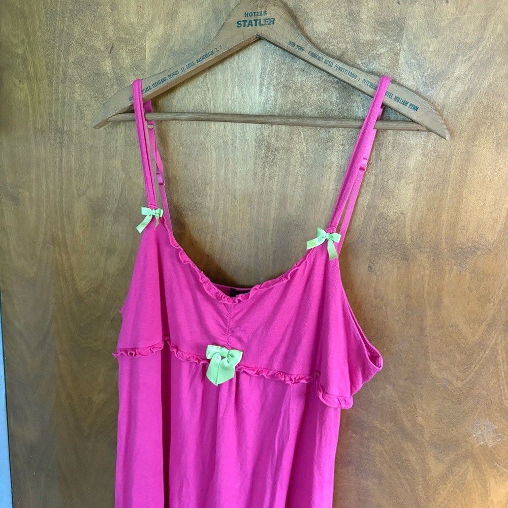 Betsey Johnson Betseyville Barbie Pink Babydoll Slip Dress Green Bow XL Y2K Goth - Picture 5 of 14